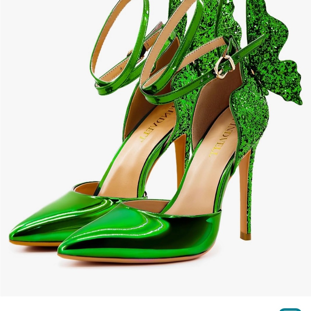 Elegant Green High Heels with Pointed Toe and Decorative Leaf Design - Picture 5 of 8